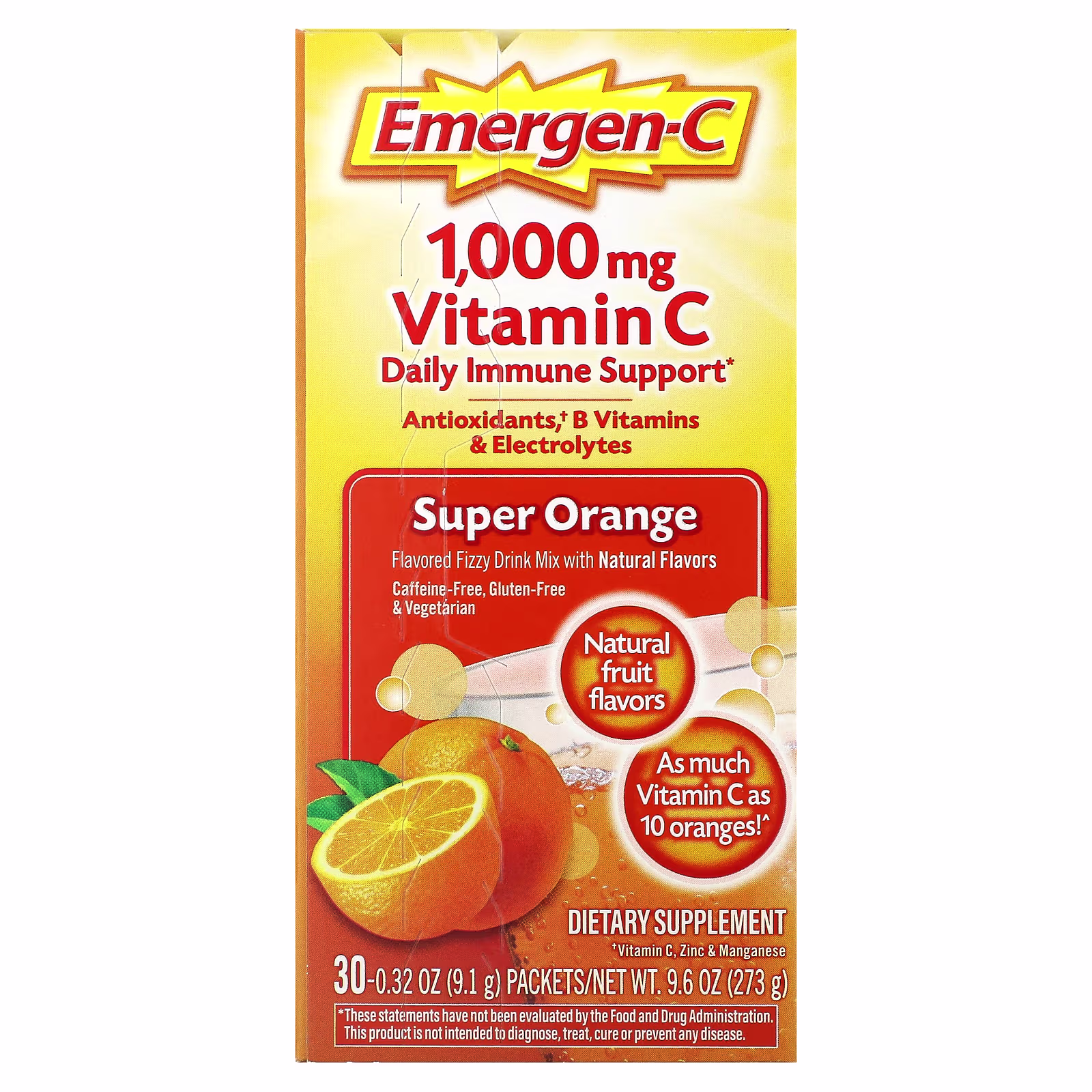 Emergen-C Vitamin C Drink Mix Super Orange Immune Support 1000mg 30 Packets