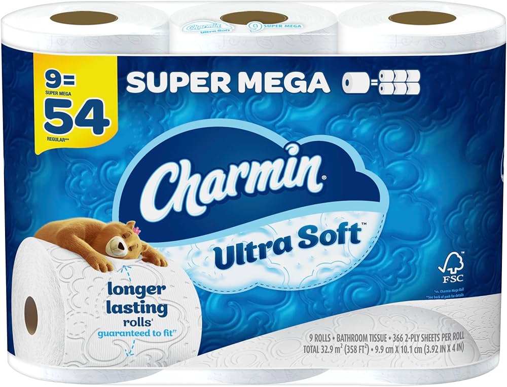 Charmin Toilet Paper Ultra Soft 2-Ply Septic Safe 9 Super Mega Rolls