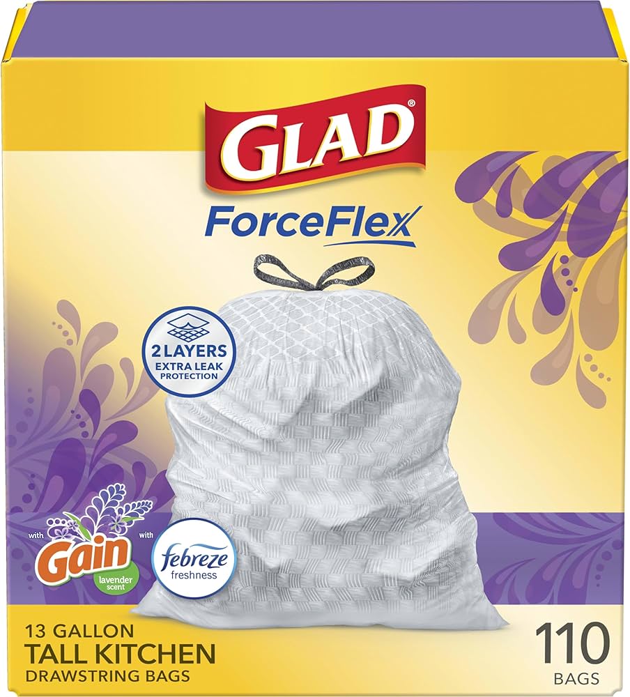 Glad Kitchen Trash Bags ForceFlex Stretchable Strength Drawstring 13 Gallon 110 Count